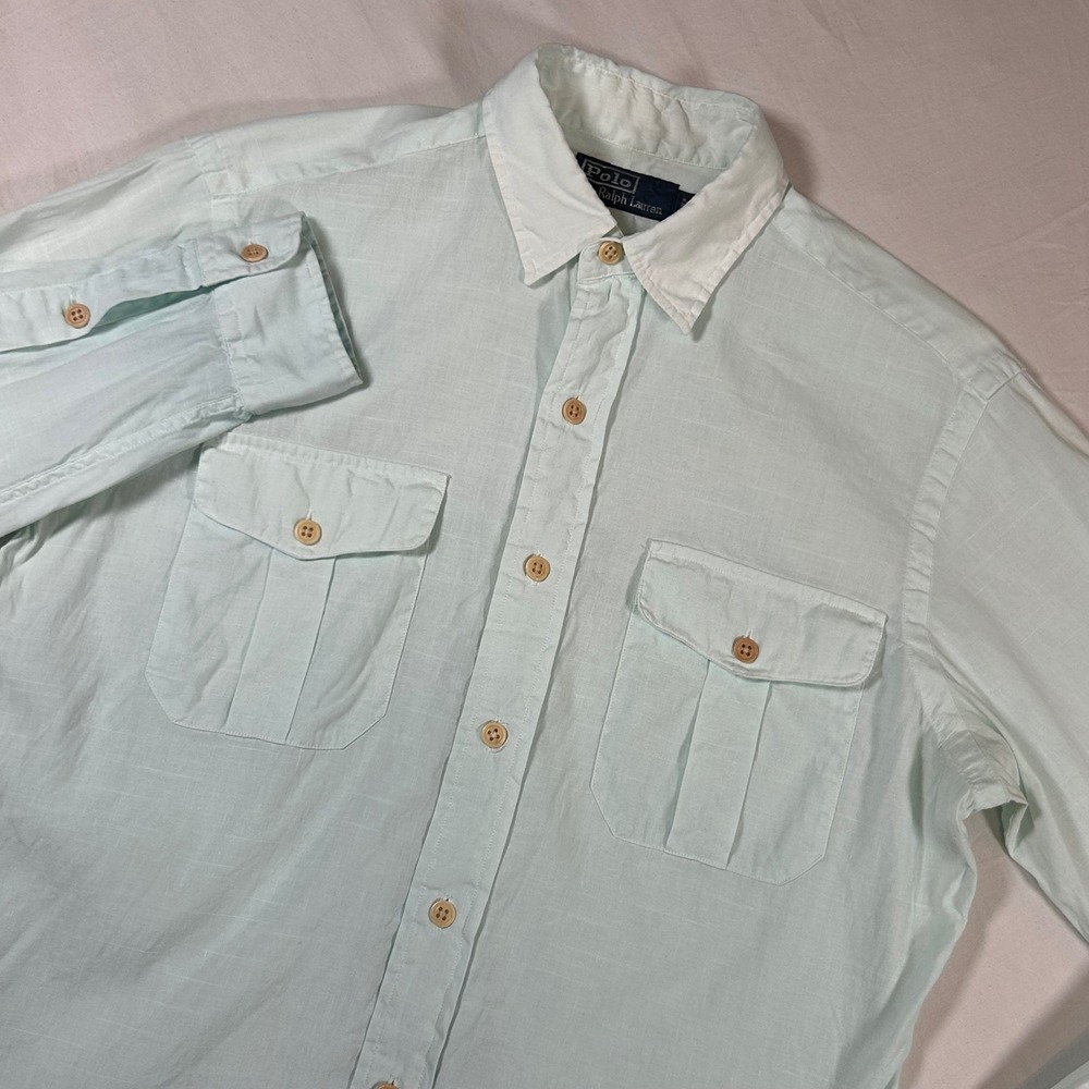 Polo Ralph Lauren Mint Green Linen Blend Utility‎ Shirt Contrast Collar Mens S